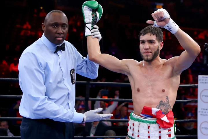 Prichard Colón (right) celebrates his win over Daniel Calzada in a 2015 fight in Brooklyn. Photograph: Elsa/Getty Images