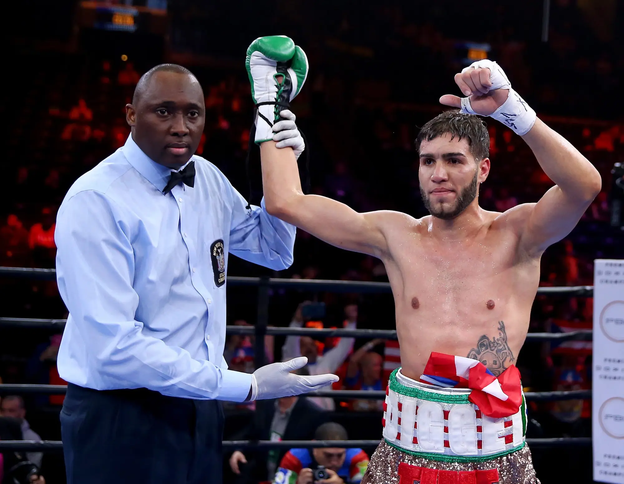 Prichard Colón (right) celebrates his win over Daniel Calzada in a 2015 fight in Brooklyn. Photograph: Elsa/Getty Images